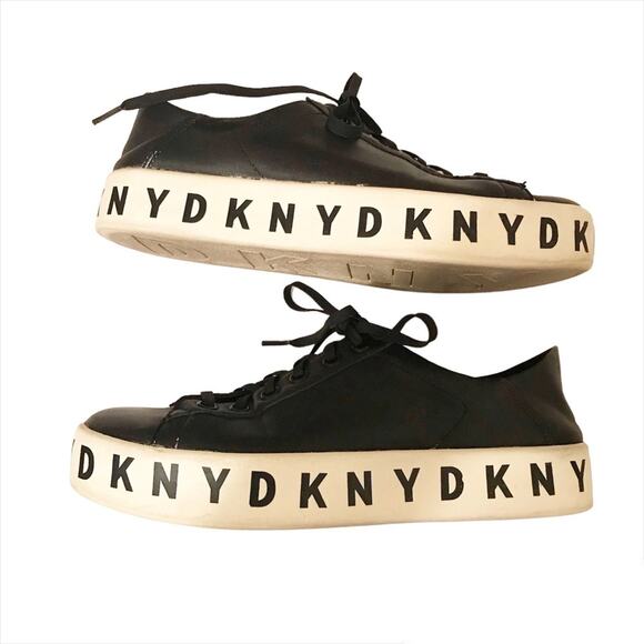 DKNY Banson Black Leather Platform White Logo Letters - Picture 1 of 9